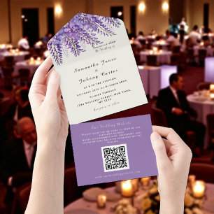 Invitación Todo En Uno Boda de código QR púrpura de histeria moderna