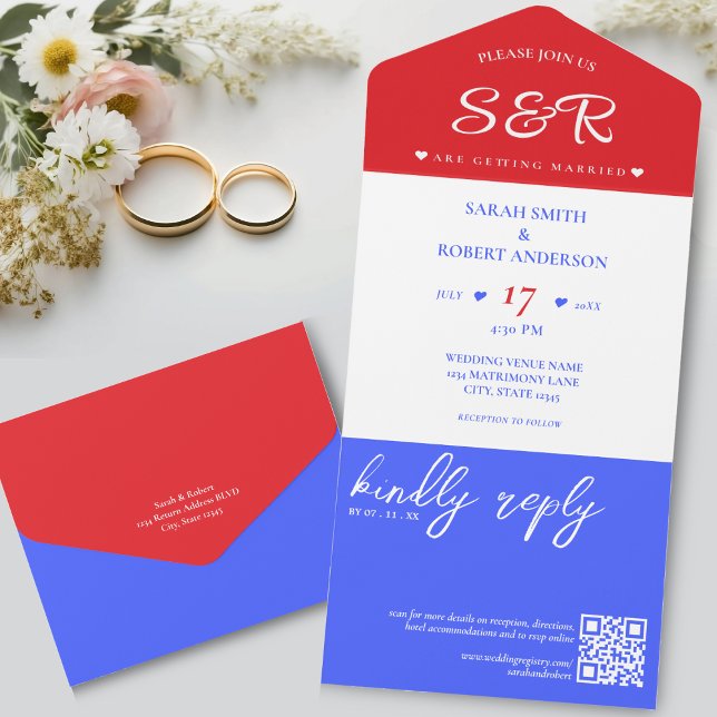 Invitación Todo En Uno Boda de código QR rojo blanco y azul (Red White & Blue QR Code Wedding All In One Invitation)