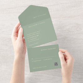Invitación Todo En Uno Boda de código QR simple verde salvia moderno
