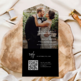 Invitación Todo En Uno Boda de código QR simple y negro moderno