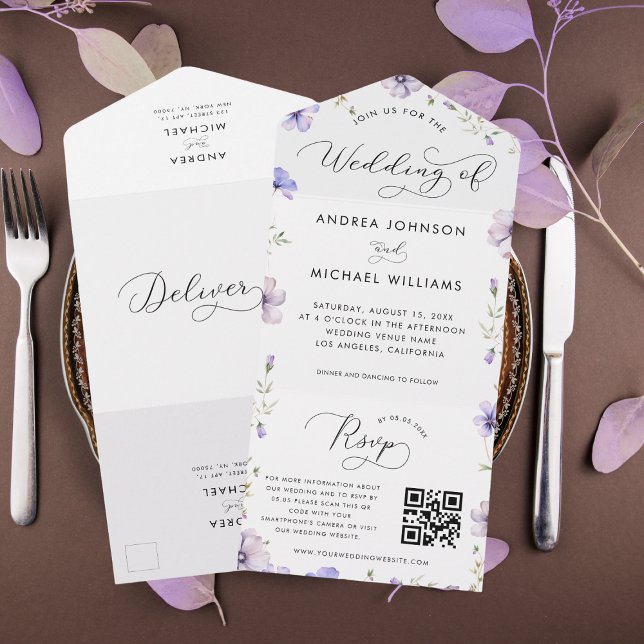 Invitación Todo En Uno Boda de código QR Violet Wildflowers de Lavanda Pú (Subido por el creador)