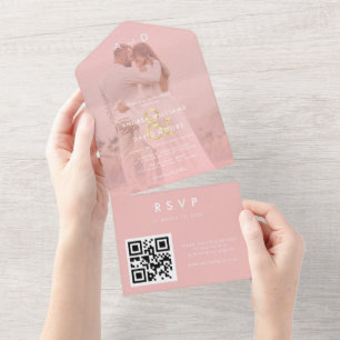 Invitación Todo En Uno Boda de código QR y Ampersand de oro con foto de c