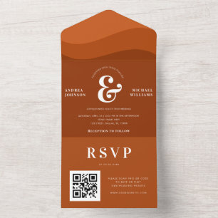 Invitación Todo En Uno Boda de código QR y Ampersand Retro Terracotta Wav
