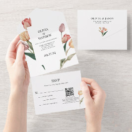 Invitación Todo En Uno Boda de color de agua de tulipano delgado Código Q