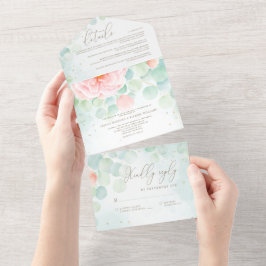 Invitación Todo En Uno Boda de color de agua Eucalyptus Peony Greenery