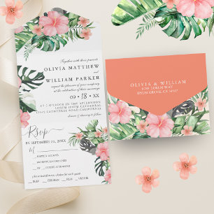 Invitación Todo En Uno Boda de color de agua floral tropical de moda