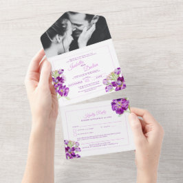 Invitación Todo En Uno Boda de color de agua morado básico RSVP