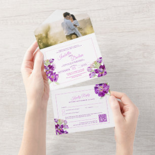Invitación Todo En Uno Boda de color de agua morado código QR RSVP
