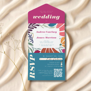 Invitación Todo En Uno Boda de color floral brillante de la Moda Boho