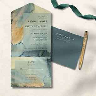 Invitación Todo En Uno Boda de color verde granito azul de moda