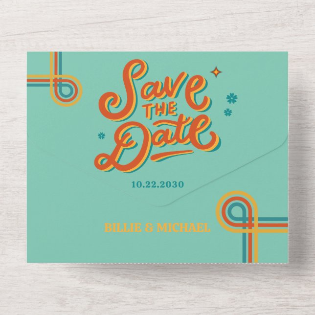 Invitación Todo En Uno Boda de colores Retro Groovy (Reverso )