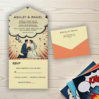 Invitación Todo En Uno Boda de Cómic Retro Vintage Novia y Novio Pop Art