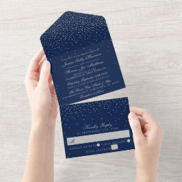 Invitación Todo En Uno Boda de Confetti Azul y Glam Plata de Marina