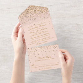 Invitación Todo En Uno Boda de Confetti de oro de Rubor Rosa y Glam