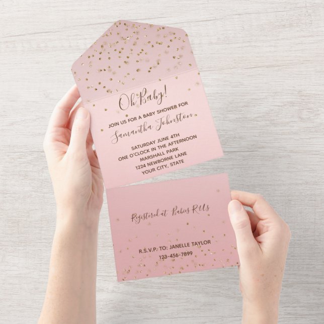Invitación Todo En Uno Boda de confetti rosado Rubor Gold Glitzy (desgarro)