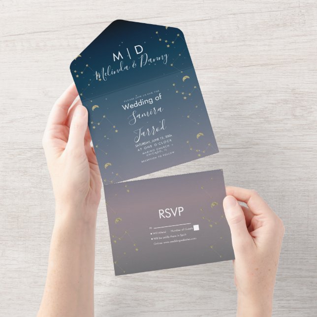 Invitación Todo En Uno Boda de Constellation Gold Sky Ombre (desgarro)