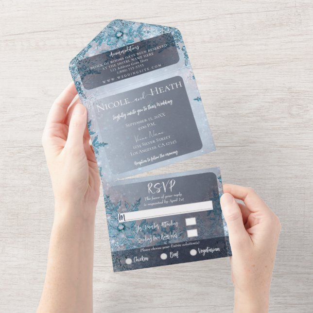 Invitación Todo En Uno Boda de copos de nieve azules de Winter Wonderland (desgarro)