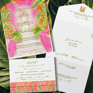 Invitación Todo En Uno Boda de coral rosa tropical de color acuático