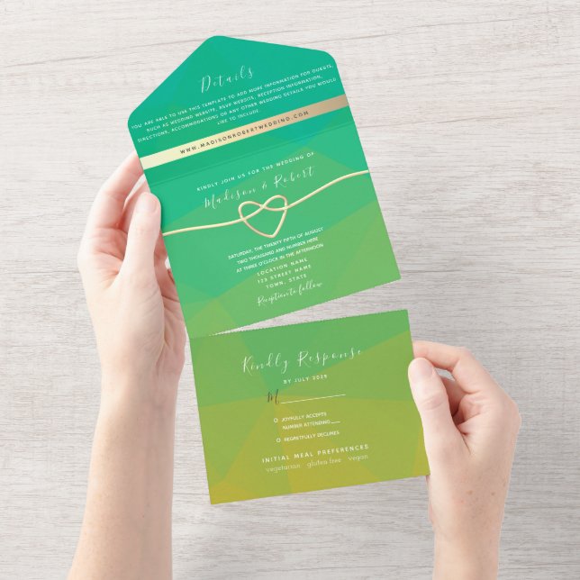 Invitación Todo En Uno Boda de corazón verde moderno (desgarro)