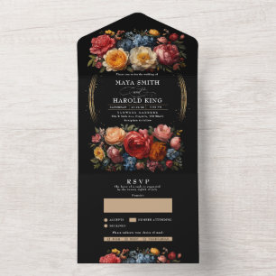 Invitación Todo En Uno Boda de cosecha de vintage de floral negra botánic
