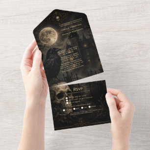 Invitación Todo En Uno Boda de cráneo de cuervo gótico elegante  