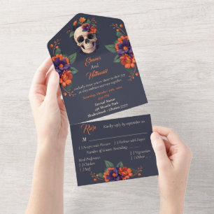 Invitación Todo En Uno Boda de cráneo floral gótico elegante 3D