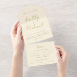 Invitación Todo En Uno Boda de crema de oro Lágrima moderna contra RSVP<br><div class="desc">Modern All in One Wedding Invite in Gold and Cream / Ivory: Todo en una invitación a la boda presenta los nombres de la novia y el novio en una moderna escritura dorada. Tiene un correo en la tarjeta de desgarro rsvp en la parte inferior que se puede usar como...</div>