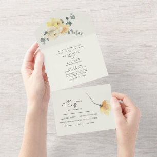 Invitación Todo En Uno Boda de crema floral amarilla y padres de novia