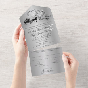 Invitación Todo En Uno Boda de cuento de hadas Carrito Gris plateado