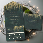Invitación Todo En Uno Boda de cuento de hadas de oro esmeralda de jardín<br><div class="desc">Un ilustracion de ramas arbóreas con exuberante vegetación y follaje colgante, recubierto digitalmente de oro, sobre un brillante fondo verde esmeralda, decora este verano de primavera todo en una invitación a la boda con un tema de bosque encantado. Una invitación elegante y moderna para un boda de cuento de hadas,...</div>