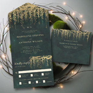 Invitación Todo En Uno Boda de cuento de hadas de oro esmeralda de jardín