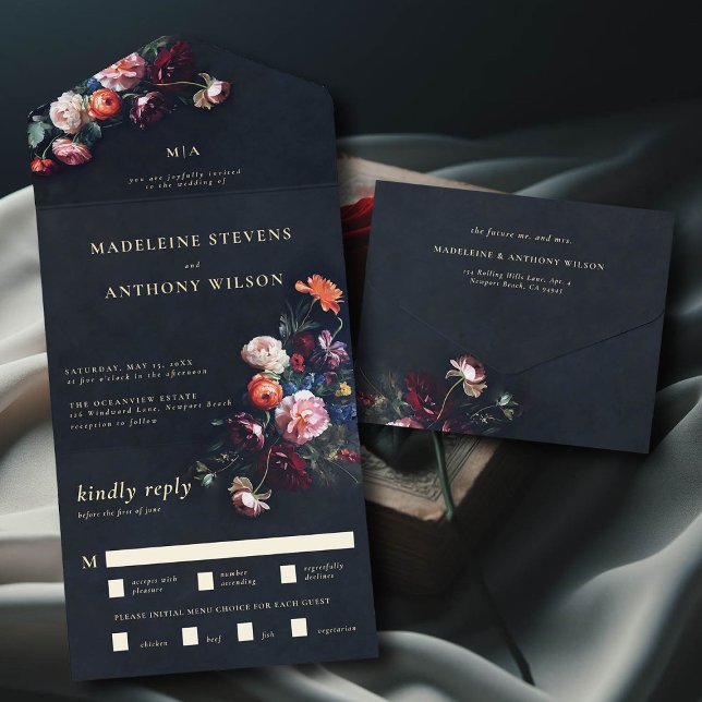 Invitación Todo En Uno Boda de cuento de hadas negras romántico oscuro (dark moody romantic wedding invitation fairytale romance trifold seal and send all in one gothic)