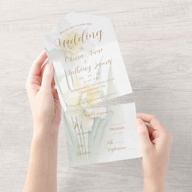 Invitación Todo En Uno Boda de Daffodil blanco y amarillo (desgarro)