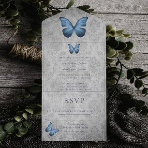 Invitación Todo En Uno Boda de Damasco de Mariposa Azul Vintage
