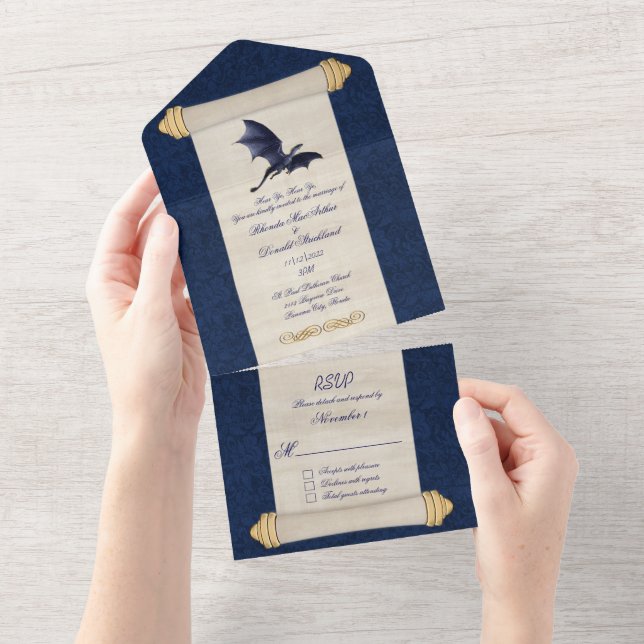 Invitación Todo En Uno Boda De Desplazamiento De Dragón Azul De Tablero D (desgarro)