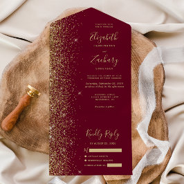 Invitación Todo En Uno Boda de destellos de oro rojo burgundy moderno