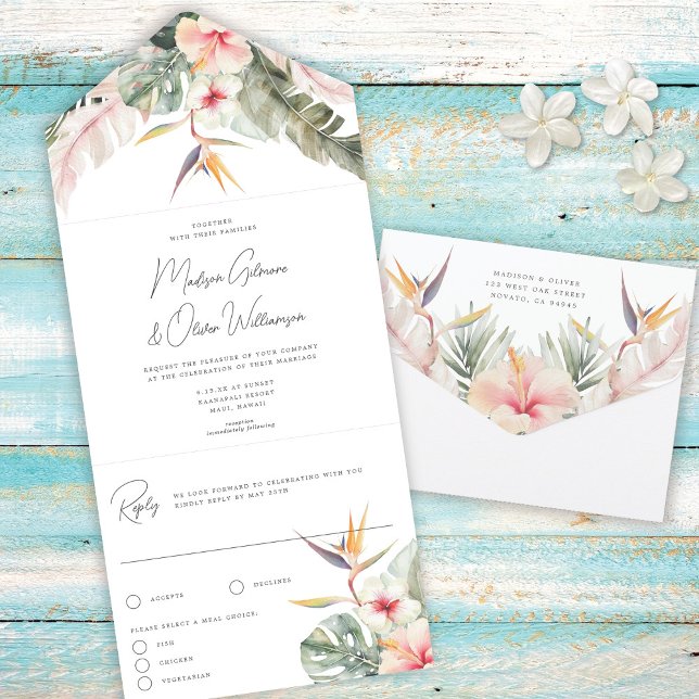 Invitación Todo En Uno Boda de destino de flores botánicas tropicales (Subido por el creador)