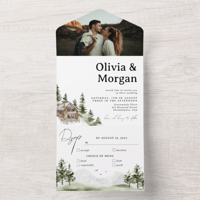 Invitación Todo En Uno Boda de destino de foto de selva de montaña rusa (Interior)