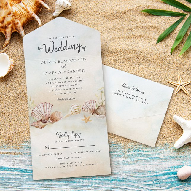 Invitación Todo En Uno Boda de destino de las conchas de playa tropical (Subido por el creador)