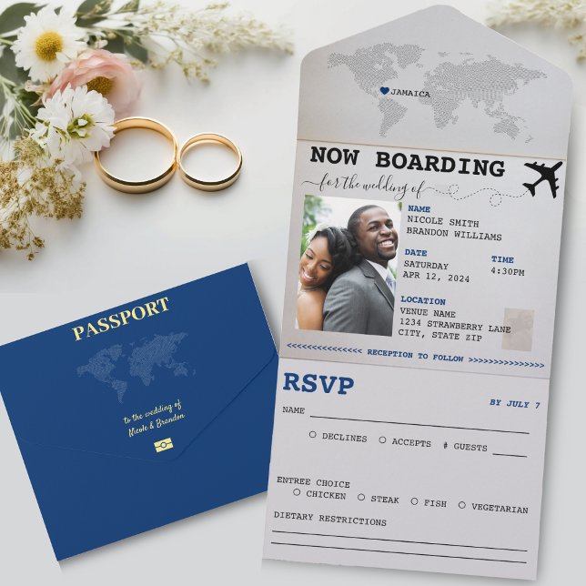 Invitación Todo En Uno Boda de destino de Pasaporte Azul Jamaica (Blue Passport Jamaica Destination Wedding All In One Invitation)
