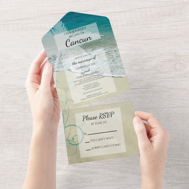 Invitación Todo En Uno Boda de destino de playa tropical (desgarro)