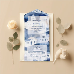 Invitación Todo En Uno Boda de destino en Santorini con acuarela