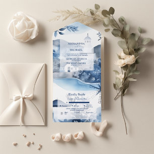 Invitación Todo En Uno Boda de destino en Santorini con acuarela