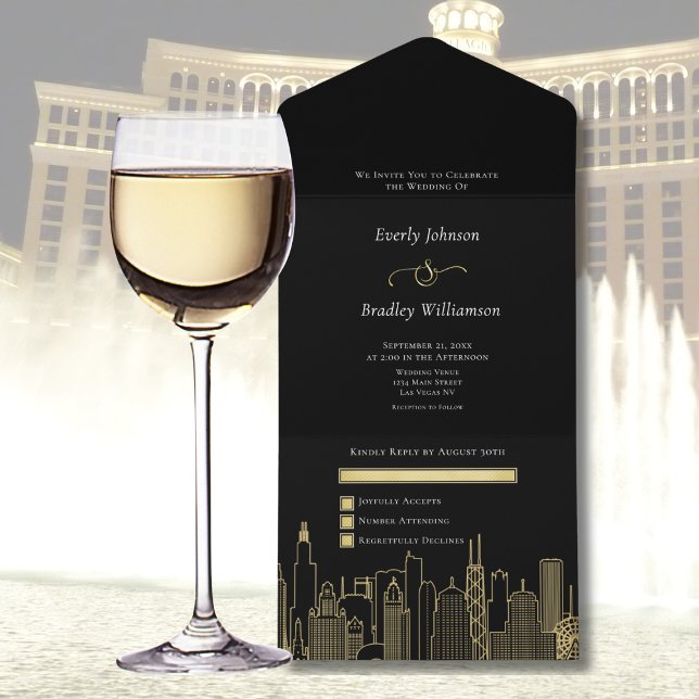 Invitación Todo En Uno Boda de destino Las Vegas Elegante Oro Negro (Subido por el creador)