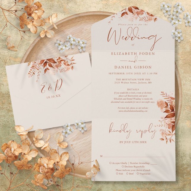 Invitación Todo En Uno Boda de Detalles Florales Rústicos de Otoño RSVP (Autumn Fall Rustic Floral Details RSVP Wedding All In One Invitation)
