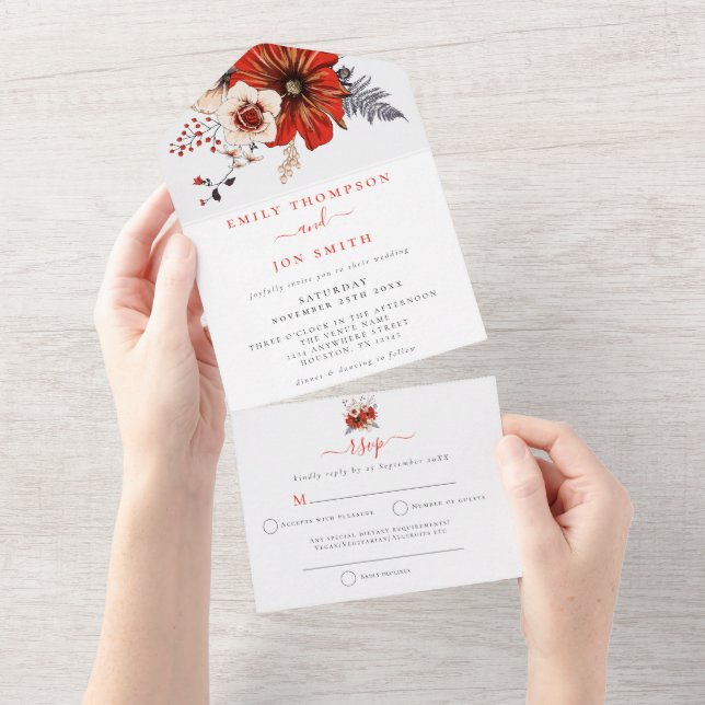 Invitación Todo En Uno Boda de dirección de destinatario de Red Cream Flo (desgarro)