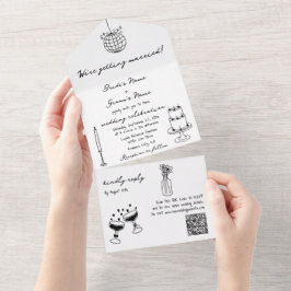 Invitación Todo En Uno Boda de Doodles de Ilustraciones negros dibujados