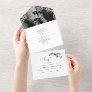 Invitación Todo En Uno Boda de dos fotos sencillas de eucalipto y lavanda
