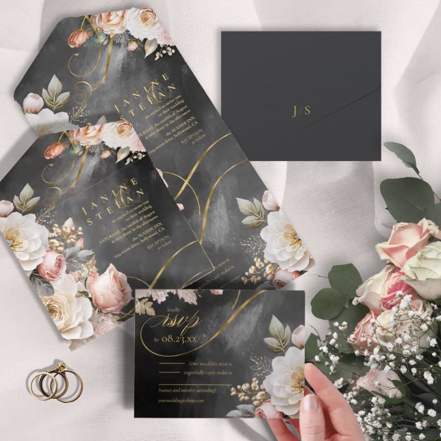Invitación Todo En Uno Boda de dramas florales Carbón ID1022 (Subido por el creador)
