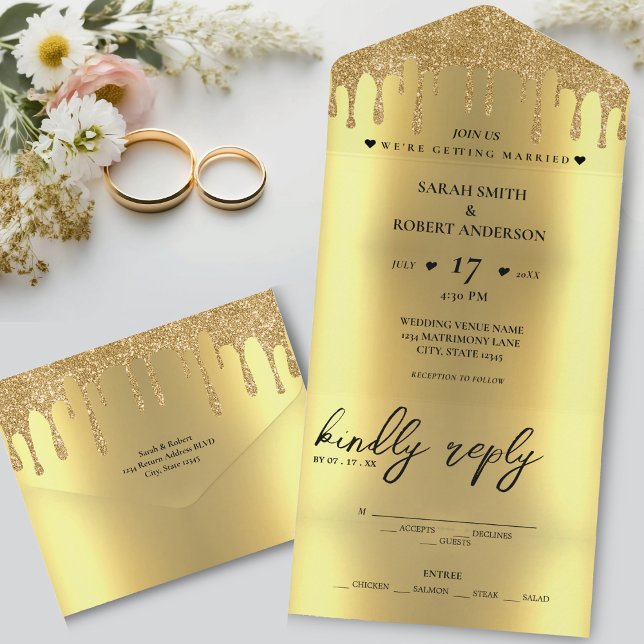 Invitación Todo En Uno Boda de Drip Purpurina Gold (Gold Glitter Drip Wedding All In One Invitation)
